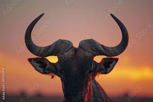 Depict the abstract beauty of a wildebeest s horns at sunset  with intricate details and warm tones contrasting against the dusky sky  symbolizing resilience and endurance