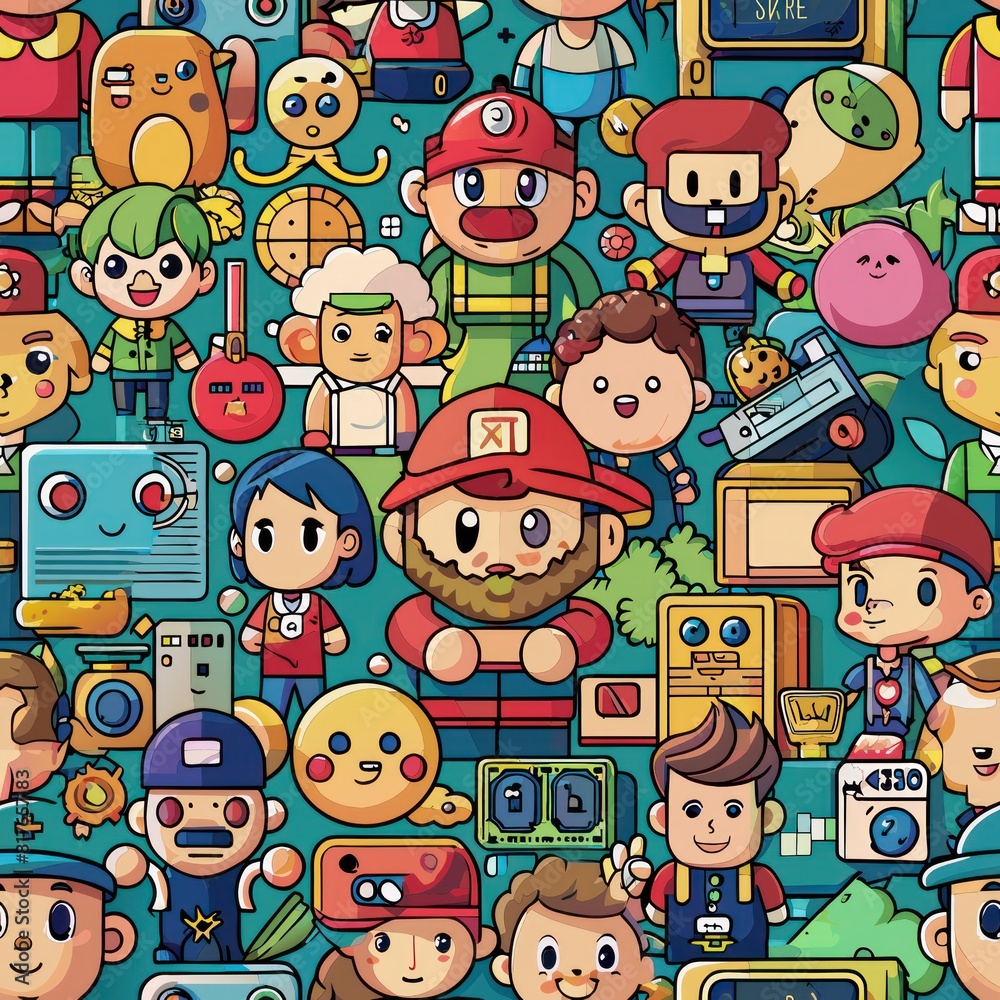 Seamless pattern of retro-inspired video game characters and icons, rendered in chunky pixel art style, Generative AI Seamless pattern of retro-inspired video game characters and icons, rendered in chunky pixel art style, Generative AI