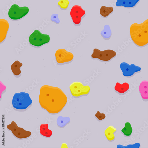 Seamless pattern background of climbing wall. Indoor bouldering rock climbing wall at the sports training gym. Background with holds and climbing grips. Vector illustration