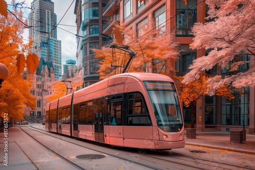 Peach-colored streetcar in a historic city during fall  ample space for text on the left.