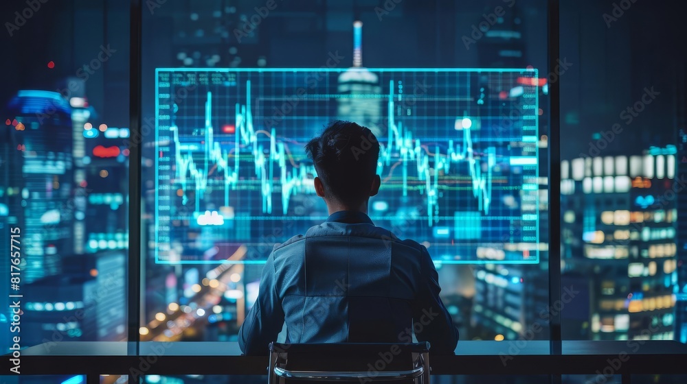 Financial analyst using advanced digital interface to monitor stock market trends, futuristic city background Financial analyst using advanced digital interface to monitor stock market trends, futuristic city background