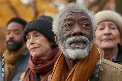 Portrait of three elderly people in the park in autumn time.