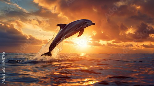 A dolphin gracefully leaping out of the ocean
