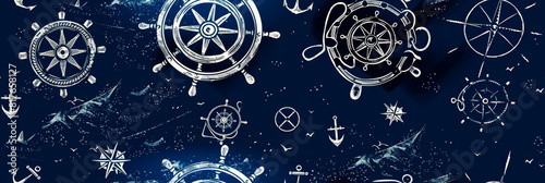 Minimalist pattern with anchors, ship wheels, and compasses, navy blue and white color scheme photo