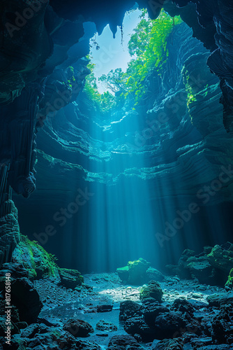 A mysterious cave entrance with rugged rock formations  dimly lit by natural sunlight filtering in from above  with a dark  deep interior