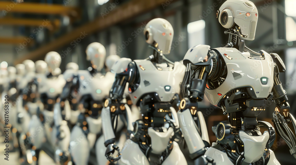 Advanced humanoid robots in a futuristic manufacturing facility during daytime assembly line operations Advanced humanoid robots in a futuristic manufacturing facility during daytime assembly line operations