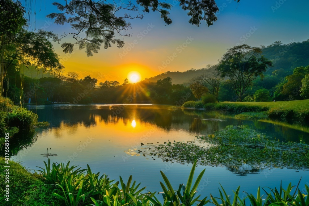 Sunrise Over Tranquil Forest Lake