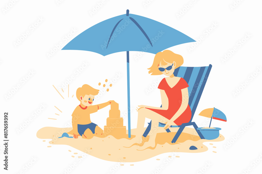 a woman and a child playing in the sand under an umbrella
