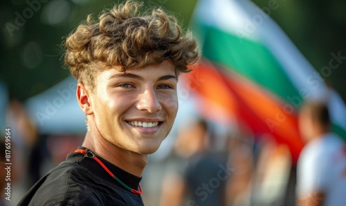 A young smiling man on the background of the Belarus flag. Happy Belarus Independence Day. Greeting card, banner, poster, flyer.