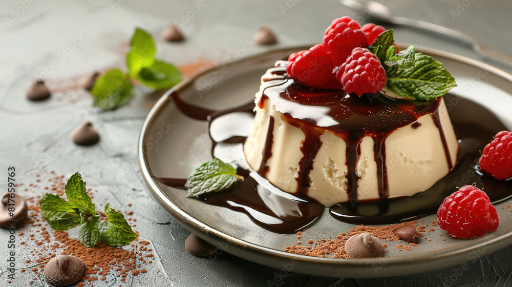 Plate of delicious vanilla pudding with chocolate syrup on table, food restaurant advertising Plate of delicious vanilla pudding with chocolate syrup on table, food restaurant advertising