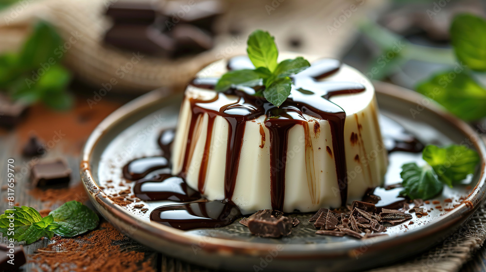 Plate of delicious vanilla pudding with chocolate syrup on table, food restaurant advertising Plate of delicious vanilla pudding with chocolate syrup on table, food restaurant advertising