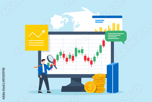 Flat illustration of businessman analyzing stock market trends using magnifying glass on digital screen investment decision making