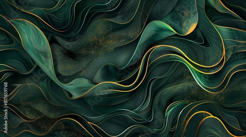 Abstract background , featuring organic forms and flowing lines in vintage emerald green, shimmering gold, and bold black photo