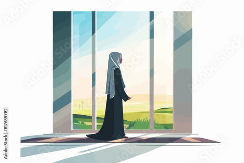 a nun standing in front of a window