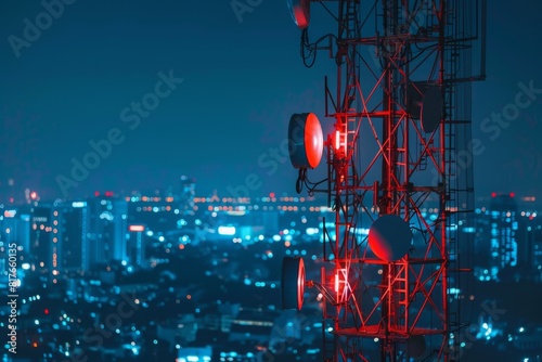 5G tower on city background Digital data concept