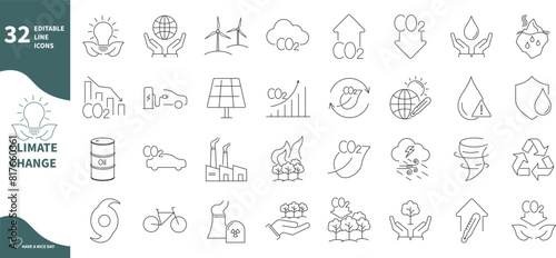Climate change icon set. Co2, energy, forest and weather icons.