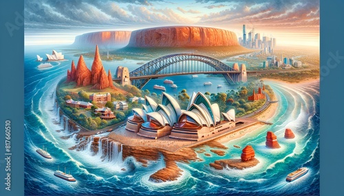 watercolor painting featuring significant landmarks of Australia, including the Sydney Opera House, Sydney Harbour Bridge, Uluru, the Great Barrier Reef, and the Twelve Apostles. photo