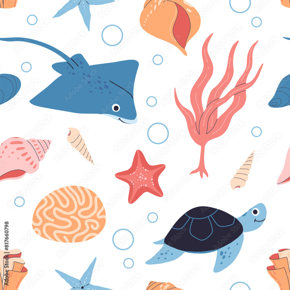 Fototapeta premium Sea animals, fish, whale, jellyfish, shell, coral and seaweed, crab, starfish. Seamless pattern of hand drawn sea life creatures and elements. Vector doodle cartoon set of marine life objects.