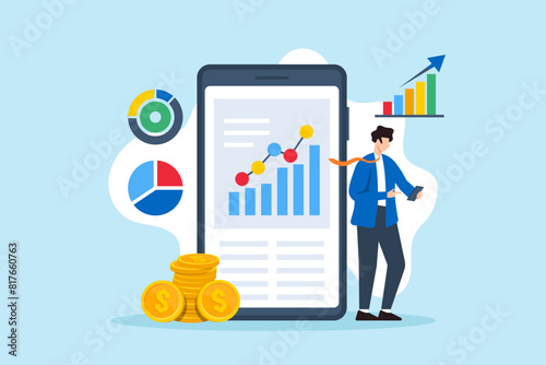 Flat illustration of businessman using investment app on smartphone finance digital technology mobile banking