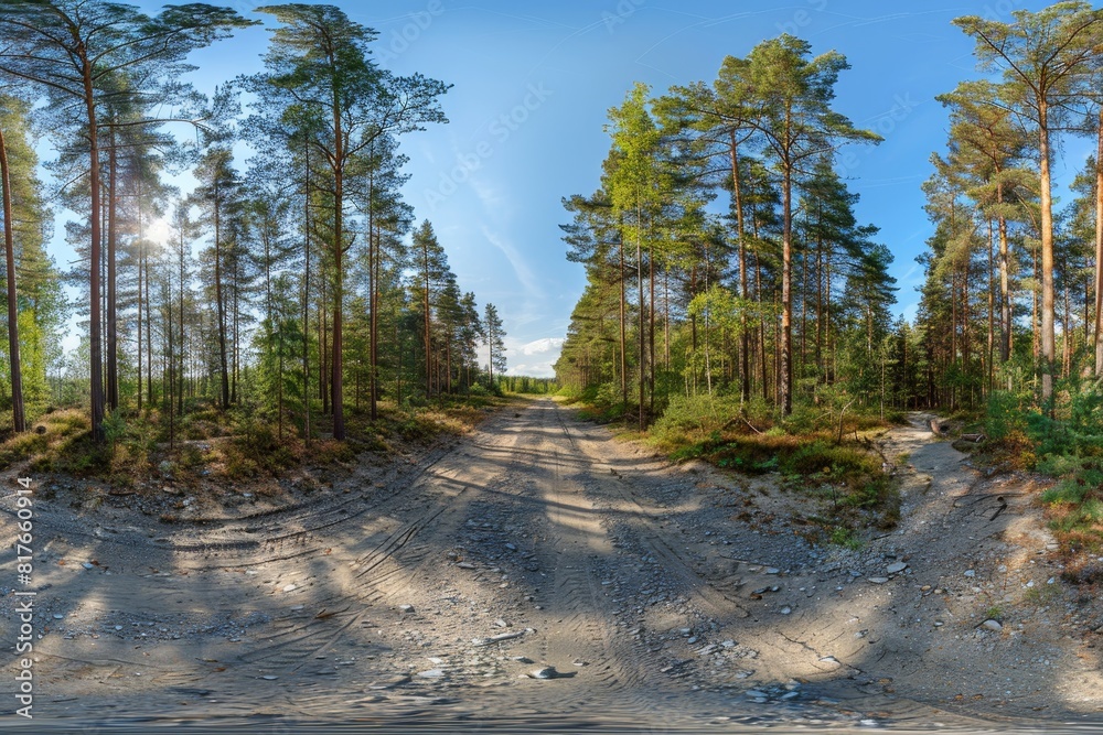 Fototapeta premium 360 panorama of forest road in equirectangular projection for VR content