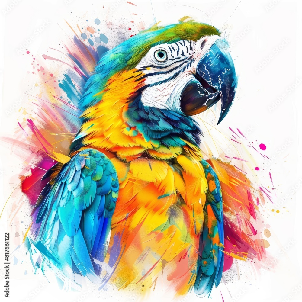 Obraz premium draft sketch of a parrot, place all features in the middle,use many colors, spray paint graffiti style, brush strokes, isolated white background