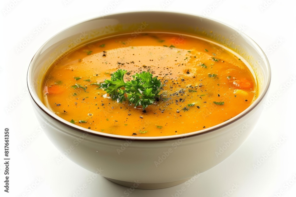 A bowl of creamy vegetable soup on white background A bowl of creamy vegetable soup on white background
