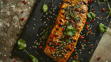 Grilled Salmon Fillet Topped with Sesame Seeds on Slate