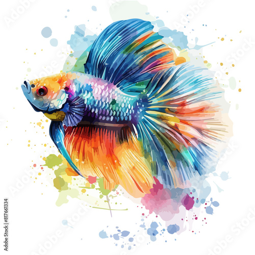 Watercolor painting of a fighting fish, isolated on a white background, fighting fish vector, drawing clipart, Illustration Vector, Graphic Painting, design art, logo
