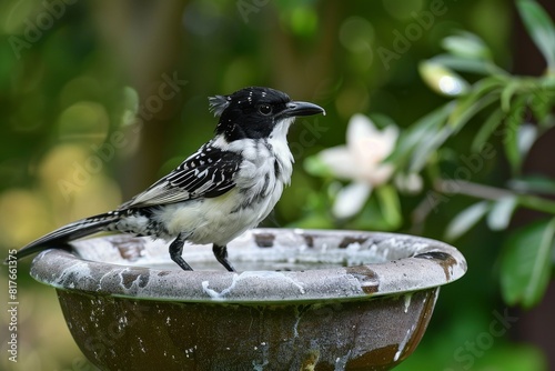 A Butcherbird perching on a birdbath photo