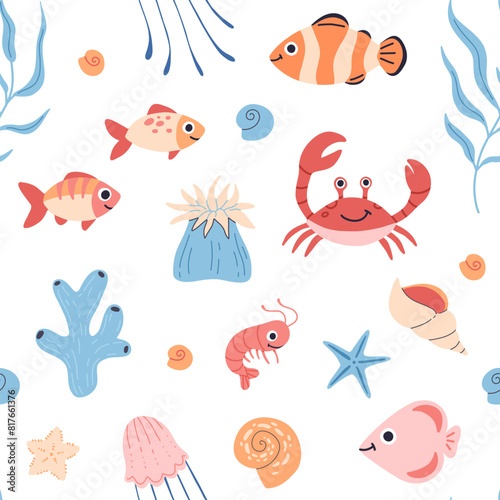 Sea animals, fish, whale, jellyfish, shell, coral and seaweed, crab, starfish. Seamless pattern of hand drawn sea life creatures and elements. Vector doodle cartoon set of marine life objects.