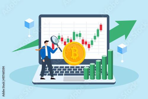 Flat illustration of businessman using magnifying glass analyzing cryptocurrency trends on digital screen digital currency investments