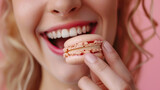 Joyful Woman Enjoying Colorful Macarons Close-Up