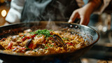 Delicious Seafood Paella in a Pan Close-Up