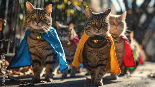 Adorable cats in colorful capes walking in a line on a path in a whimsical outdoor scene photo