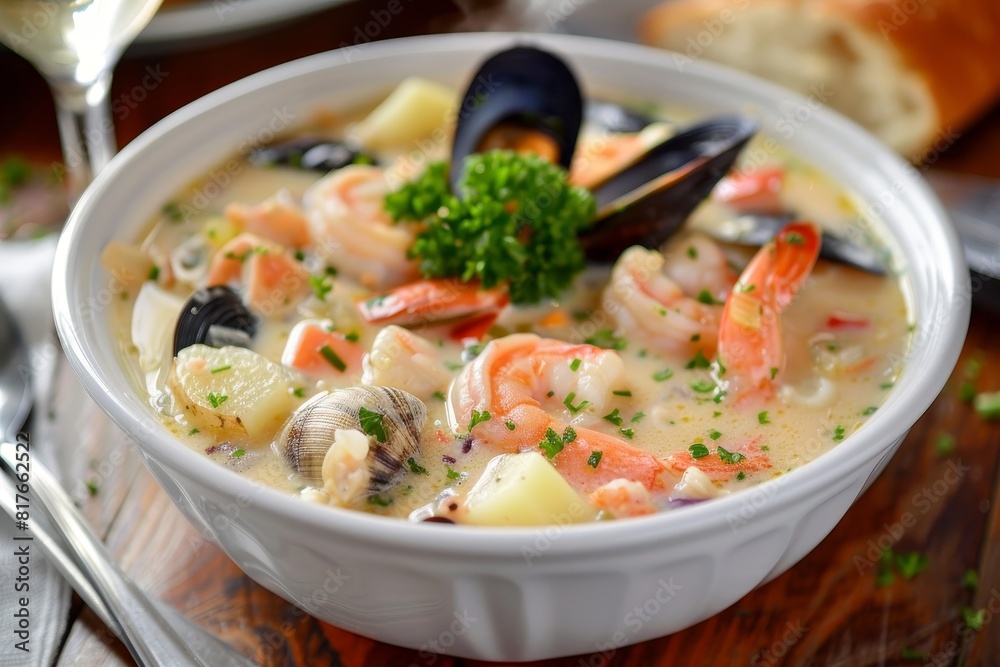 A tasty seafood chowder with fresh shellfish potatoes veggies and cream A tasty seafood chowder with fresh shellfish potatoes veggies and cream