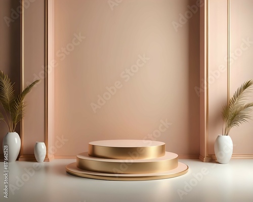 Brown and gold luxury podium stage background for product display with flower fot and isolated 3D render photo