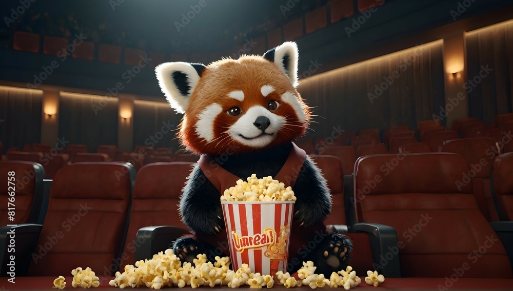 Naklejka premium Cute small humanoid red panda sitting in a movie theater eating popcorn watching a movie, unreal engine, volumetric, warm indoor lighting, artstation, detailed, digital painting, cinematic, character 