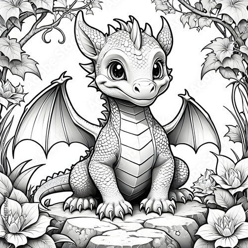 adorable baby dragon illustration for coloring book, coloring book, ai generated