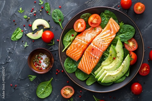 Aerial view of delicious and nutritious salad with spinach tomatoes avocado and salmon on dark surface photo
