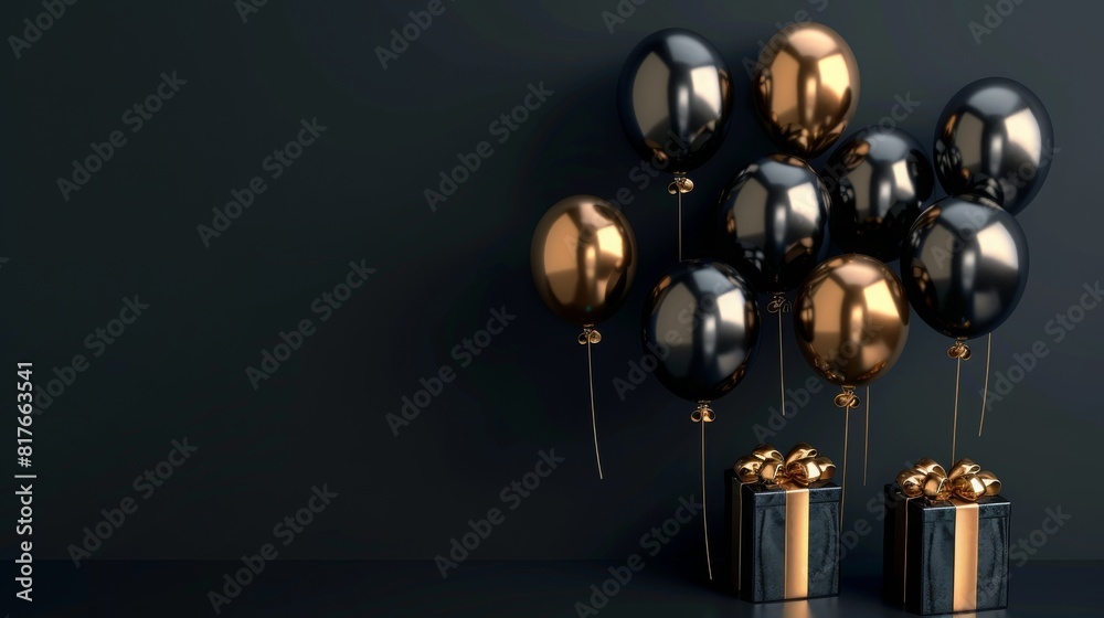 Elegant Black Gold Gift Box with Balloons and Ribbon on Black Background Elegant Black Gold Gift Box with Balloons and Ribbon on Black Background