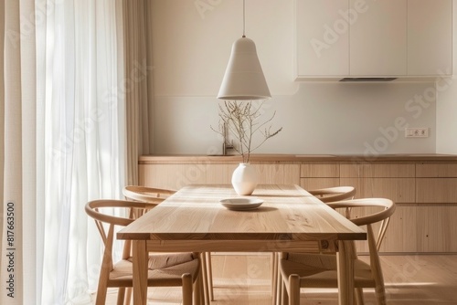 Minimalistic Scandinavian wooden dining table set with modern chairs. © Shahjahan