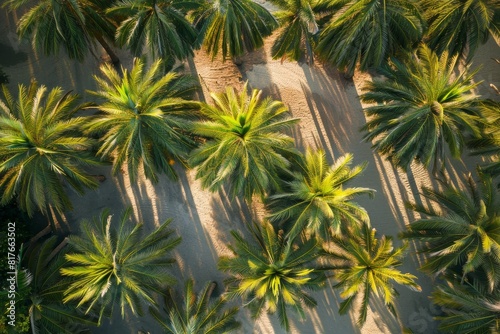 Aerial view of palm grove and tree shadows