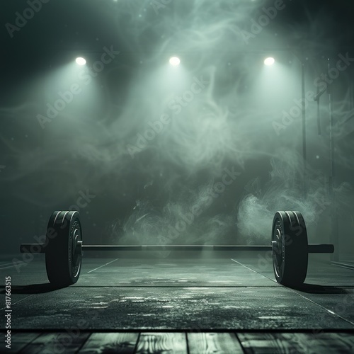 Iron barbells on a dark, smoky cinematic background, facilities in the gym for sports training function to increase bone density, shoulder muscles and also triceps photo