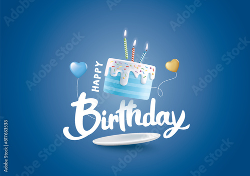 Happy Birthday celebration typography design with 3d birthday cake for greeting card, poster or banner. Vector illustration