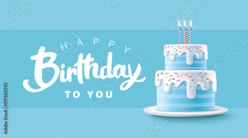 Happy Birthday celebration typography design with 3d birthday cake for greeting card, poster or banner. Vector illustration