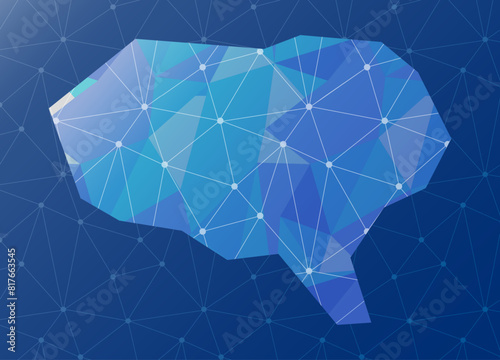 脳・AI・人工知能のイメージのイラスト（ポリゴン風・青系・背景あり）