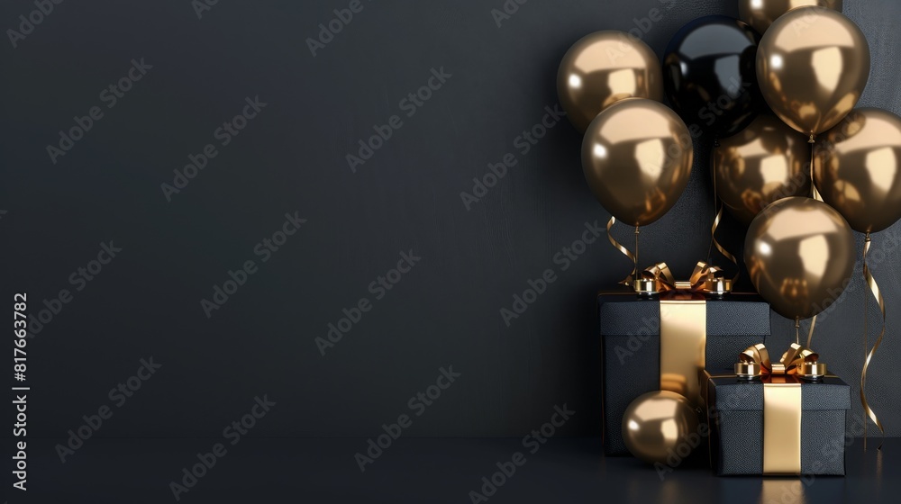Elegant Black Gold Gift Box with Balloons and Ribbon on Black Background