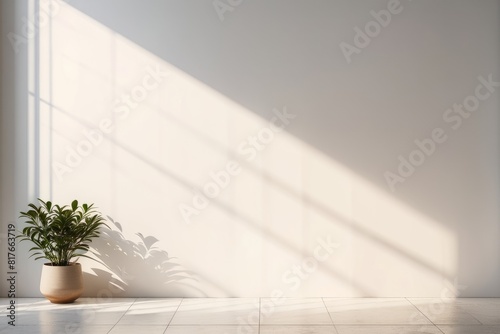 Minimalist blurred natural light windows  shadow overlay on wall paper texture  abstract background. Minimal abstract light white background for product presentation.