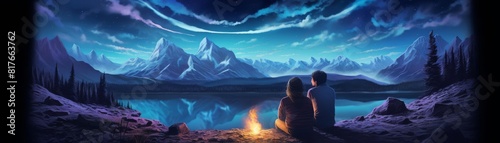 A couple is sitting by a campfire, looking out at a beautiful mountain landscape photo