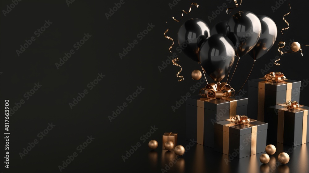 Elegant Black Gold Gift Box with Balloons and Ribbon on Black Background Elegant Black Gold Gift Box with Balloons and Ribbon on Black Background